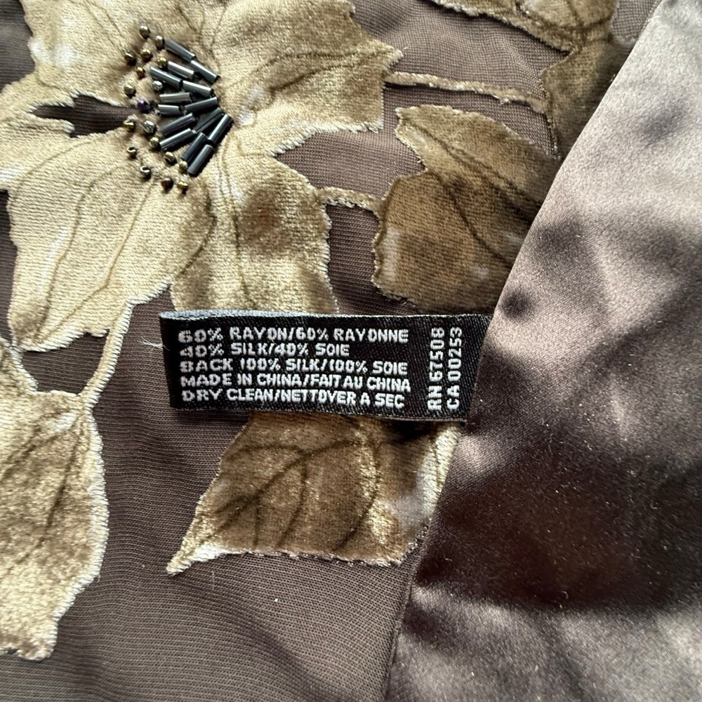 Ellen Tracy Brown Silk Velvet Beaded Floral Embroidered Scarf - Picture 6 of 10